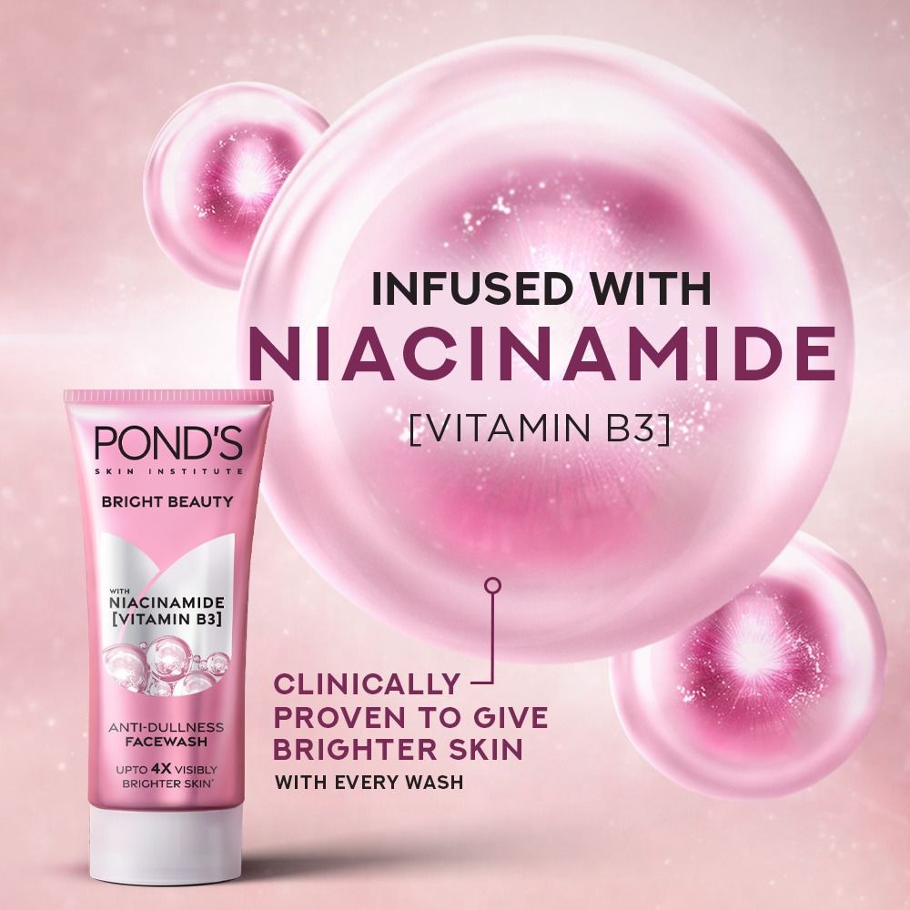 Pond's Bright Beauty facewash tube with pink bubbles and text on a pink background