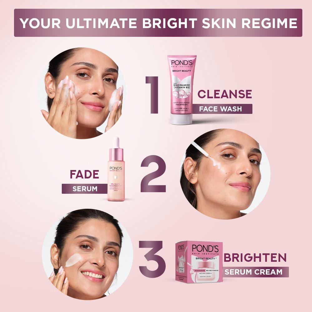 Ponds skincare product display with steps for a bright skin regime on a pink background