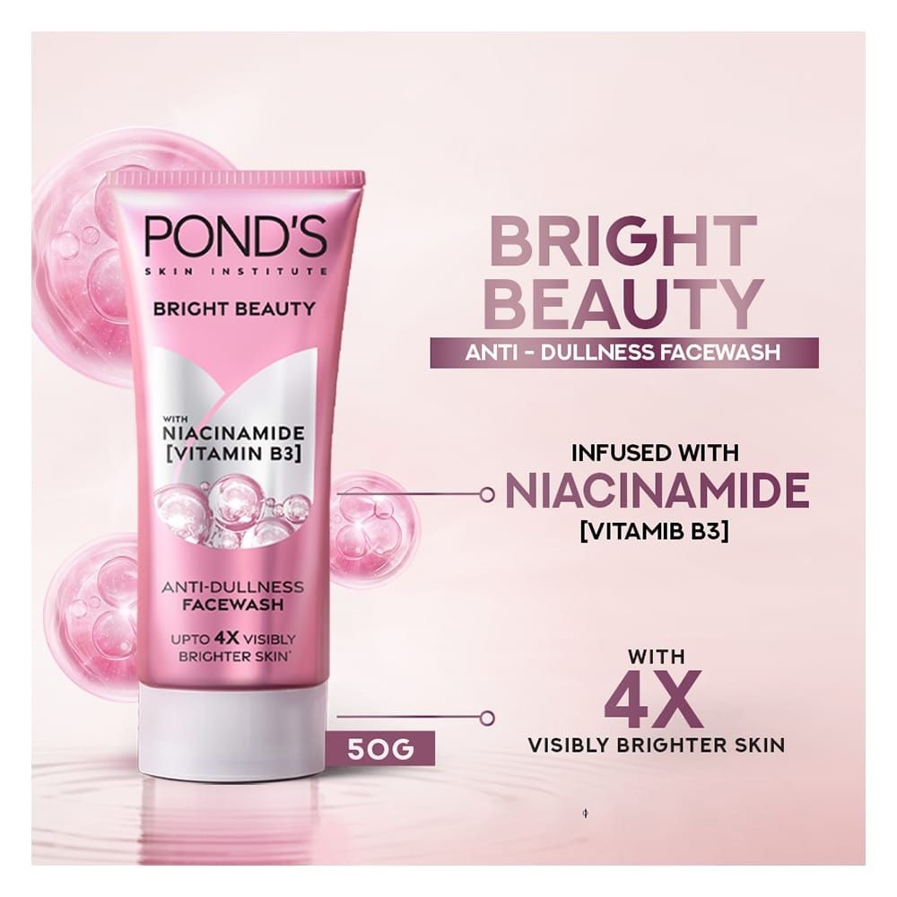 Pond's Bright Beauty anti-dullness facewash packaging on a pink background