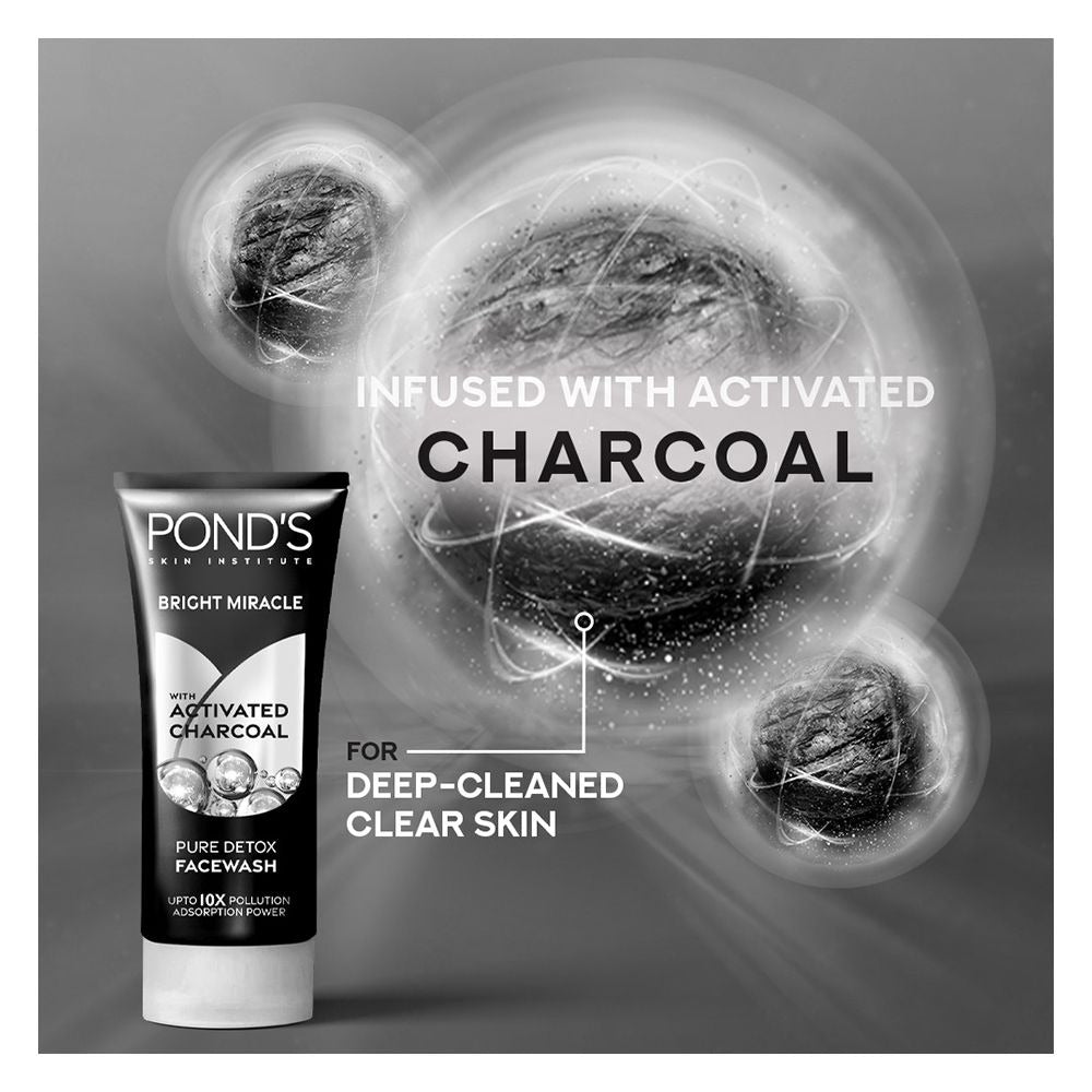 Pond's Bright Miracle facewash tube with activated charcoal text and graphics on a gray background