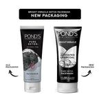 Comparison of Pond's Pure Detox and Bright Miracle Detox facewashes with old and new packaging on a white background.