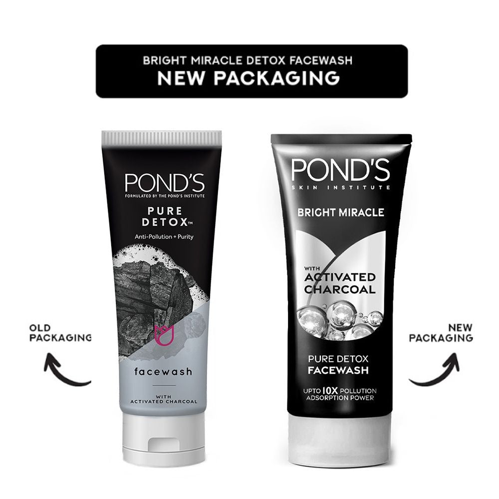 Comparison of Pond's Pure Detox and Bright Miracle Detox facewashes with old and new packaging on a white background.