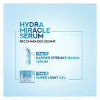 Advertisement for Ponds Hydra Miracle Serum with step-by-step skincare routine on a light blue background.