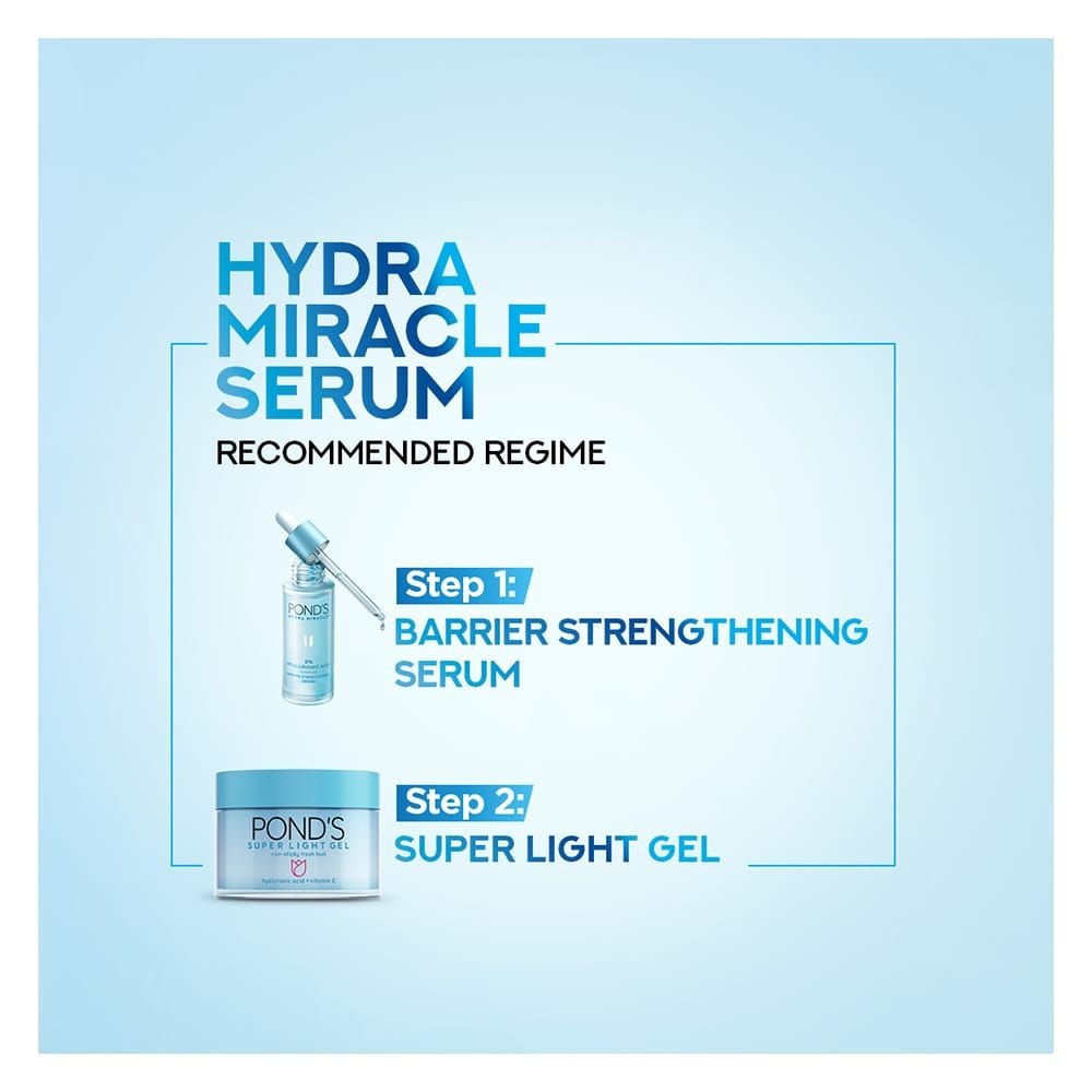 Advertisement for Ponds Hydra Miracle Serum with step-by-step skincare routine on a light blue background.