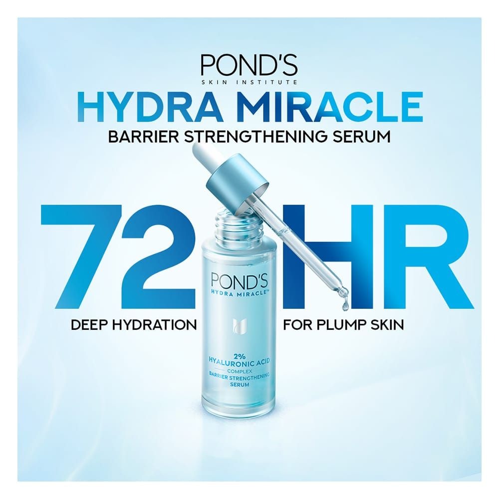 Pond's Hydra Miracle serum bottle with dropper on a light blue background
