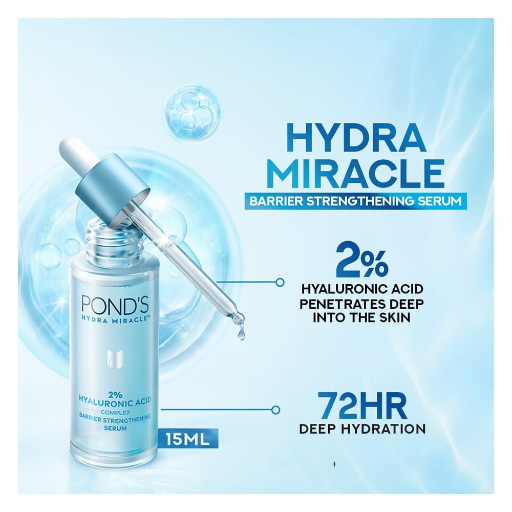 Pond's Hydra Miracle barrier strengthening serum with dropper on a blue background