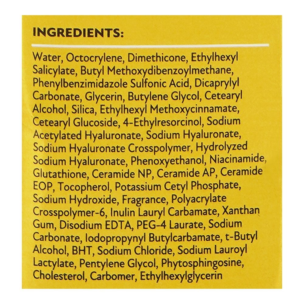 Pond's UV Miracle Protect & Repair Hydrate SPF50 PA++++ Hya-Ceramide Sunscreen 50g List of ingredients on a yellow background