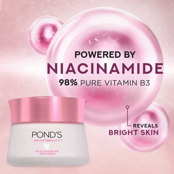 Pond's Bright Beauty cream with pink packaging on a pink background, highlighting niacinamide and vitamin B3.