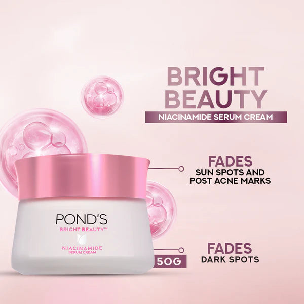 Pond's Bright Beauty Niacinamide Serum Cream jar with pink cap on a light pink background