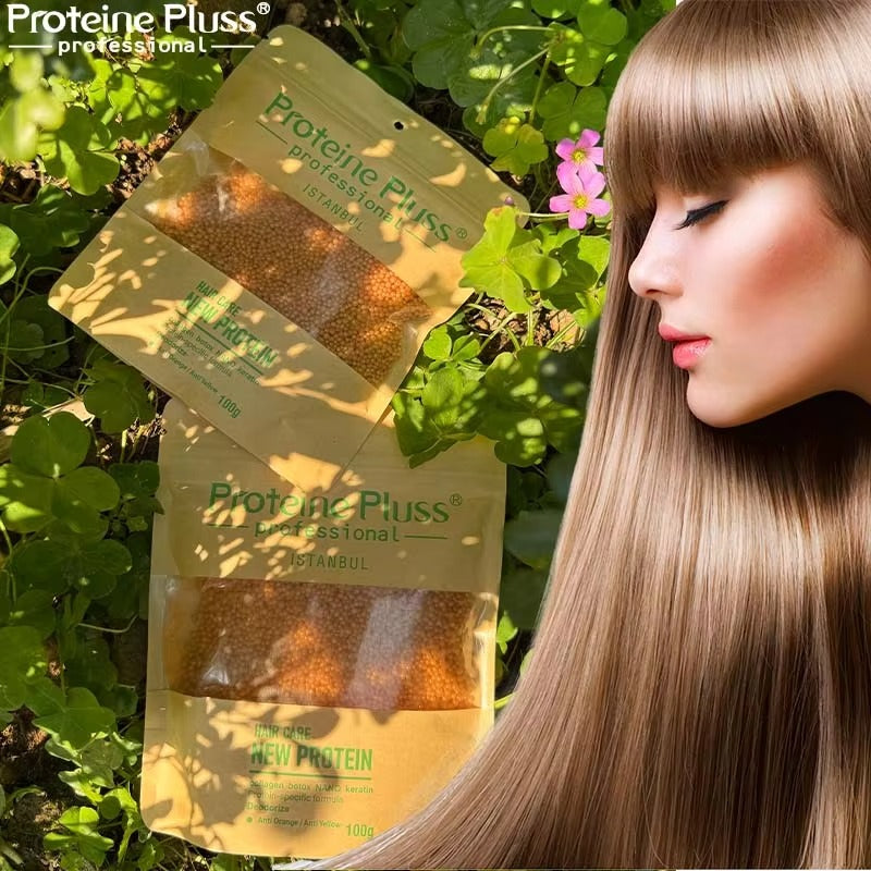 Woman with long hair next to Proteine Plus packaging in a natural setting