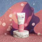 Tube of Re-Tex Anti Scar Gel on a marble stand with a colorful abstract background