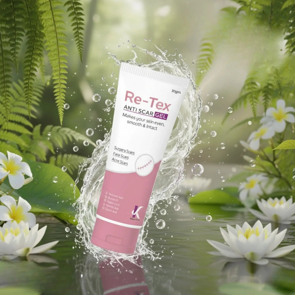 Tube of Re-Tex Anti-Scar Gel with a natural background of flowers and water.