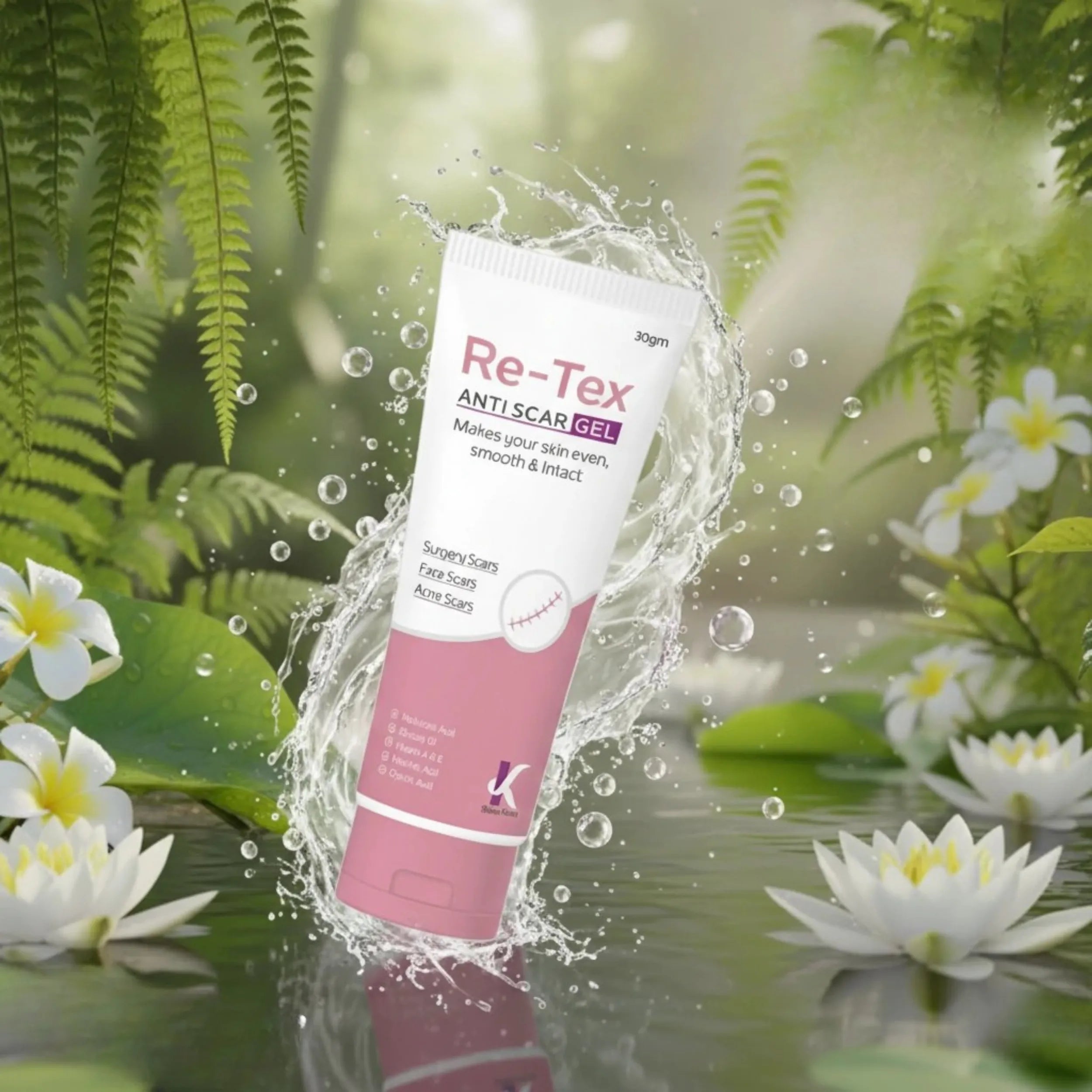 Tube of Re-Tex Anti-Scar Gel with a natural background of flowers and water.