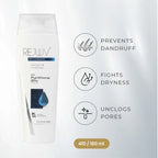 REJUUV anti-dandruff shampoo and conditioner packaging with benefits listed on a white background