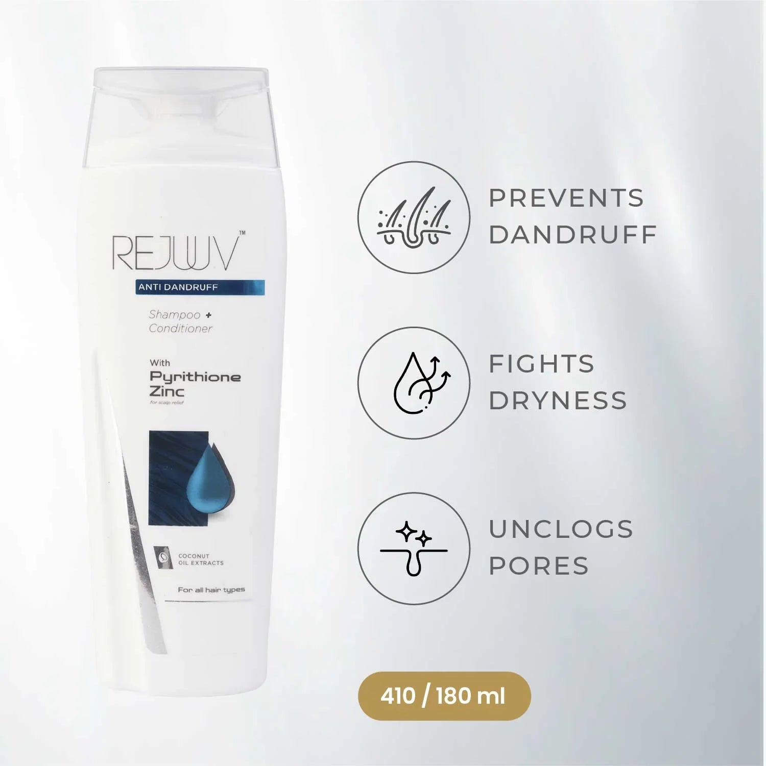 REJUUV anti-dandruff shampoo and conditioner packaging with benefits listed on a white background