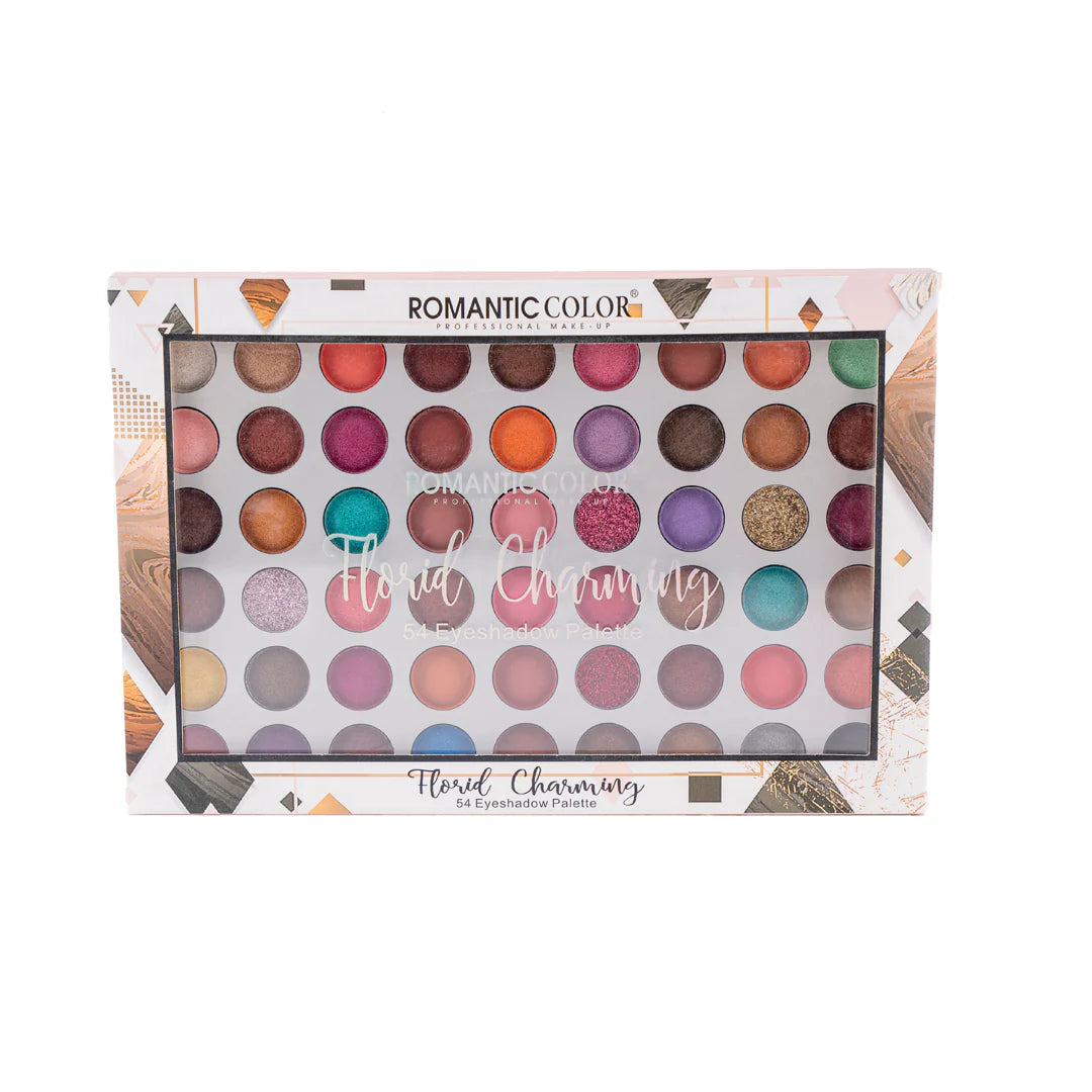 Makeup eyeshadow palette with colorful shades in a box labeled 'Floral Charming' on a white background.