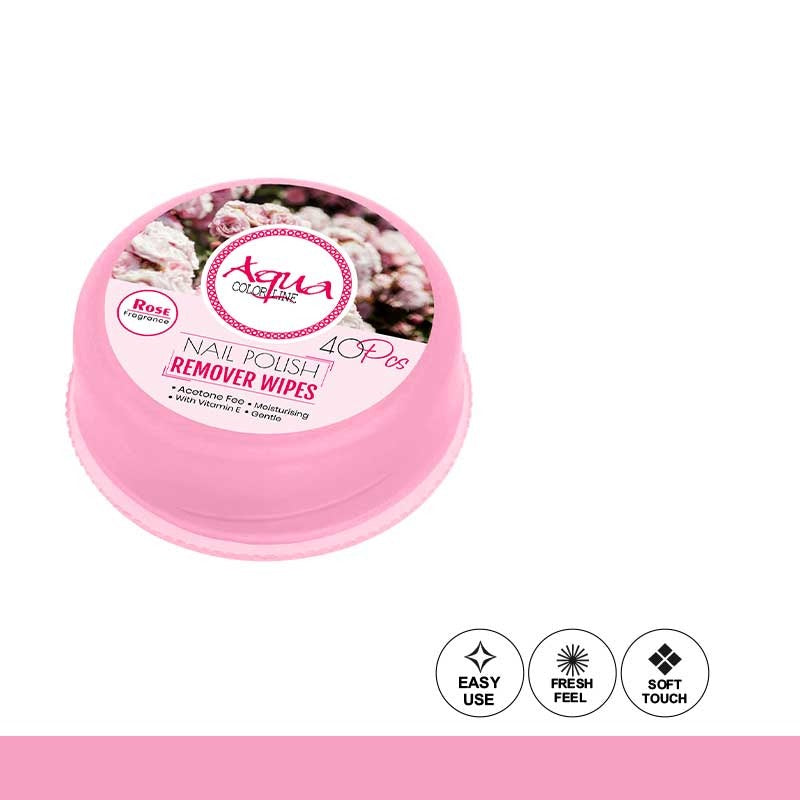 Pink container of nail polish remover wipes with brand logo on a white background