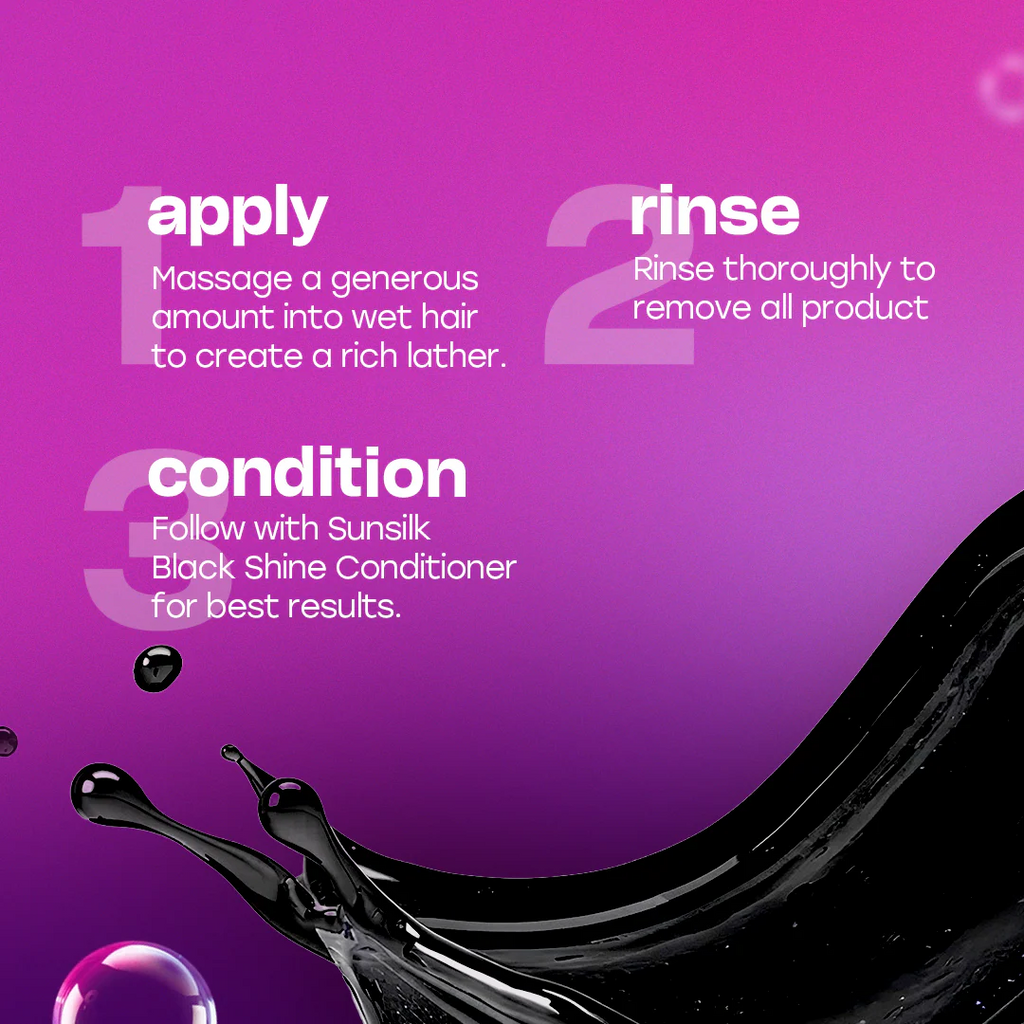 Instructions for using a hair care product with black liquid on a purple background