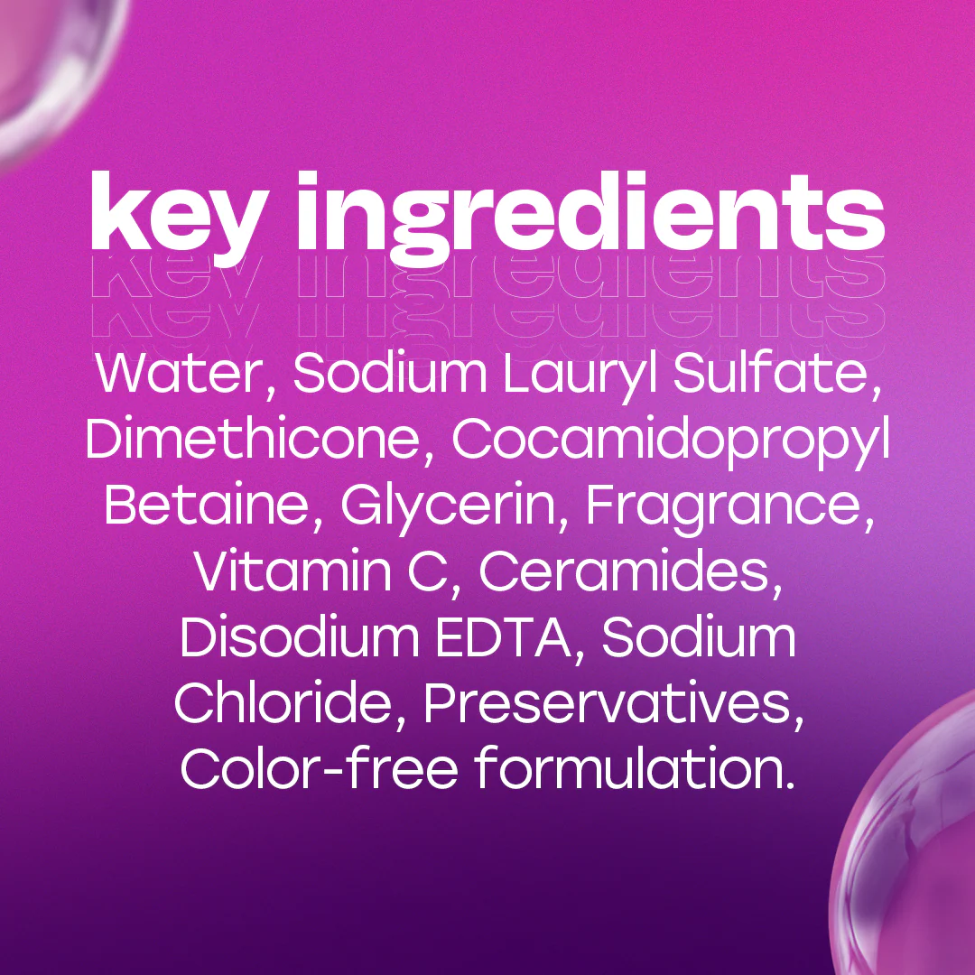 List of key ingredients on a purple background with bubbles.