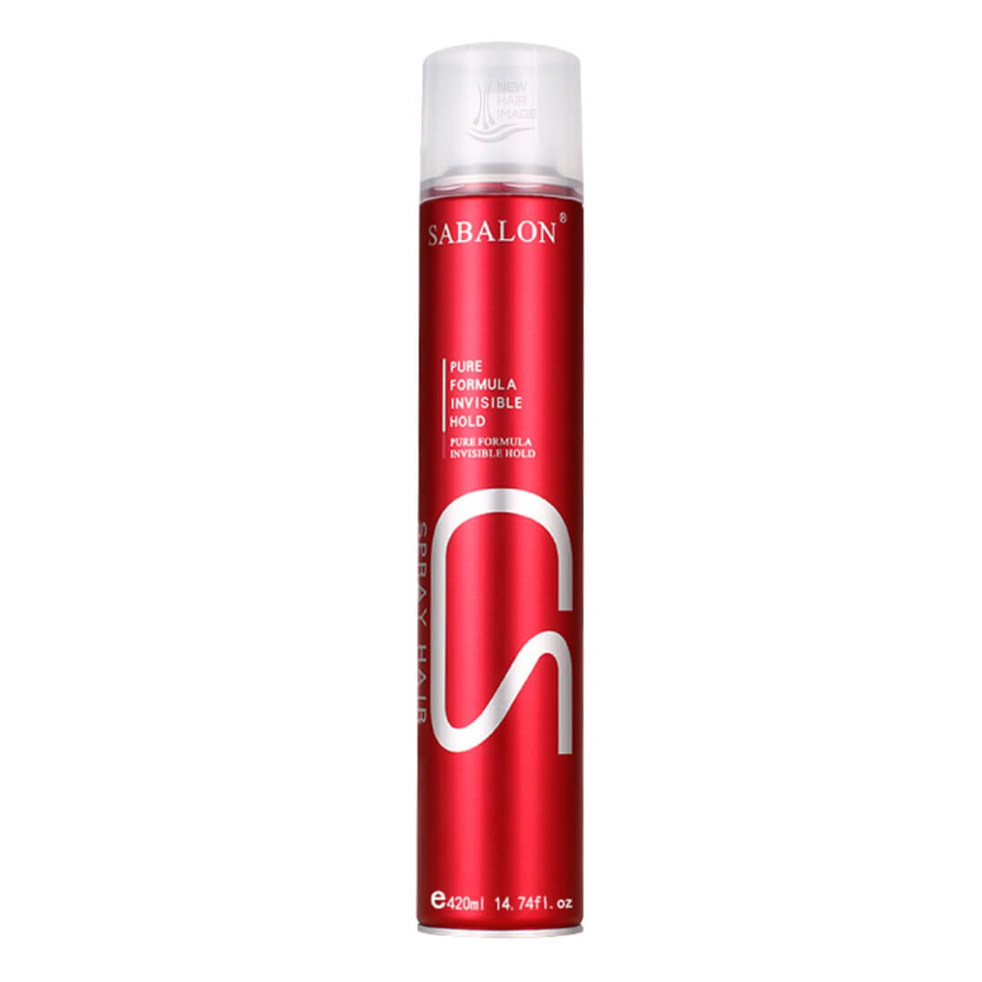 Red hair spray can with white cap and visible branding on a white background