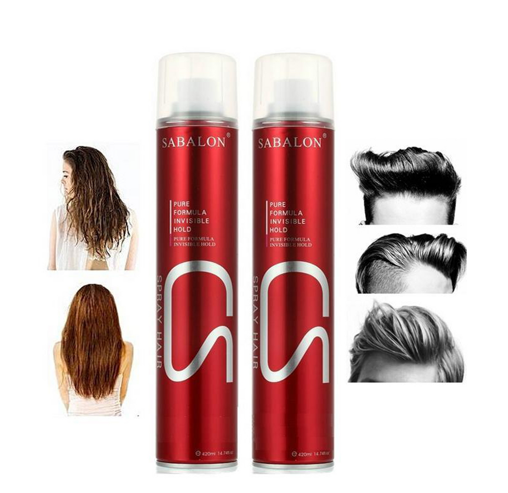 Two red hair spray cans with 'Sabalon' branding on a white background, surrounded by images of hairstyles.
