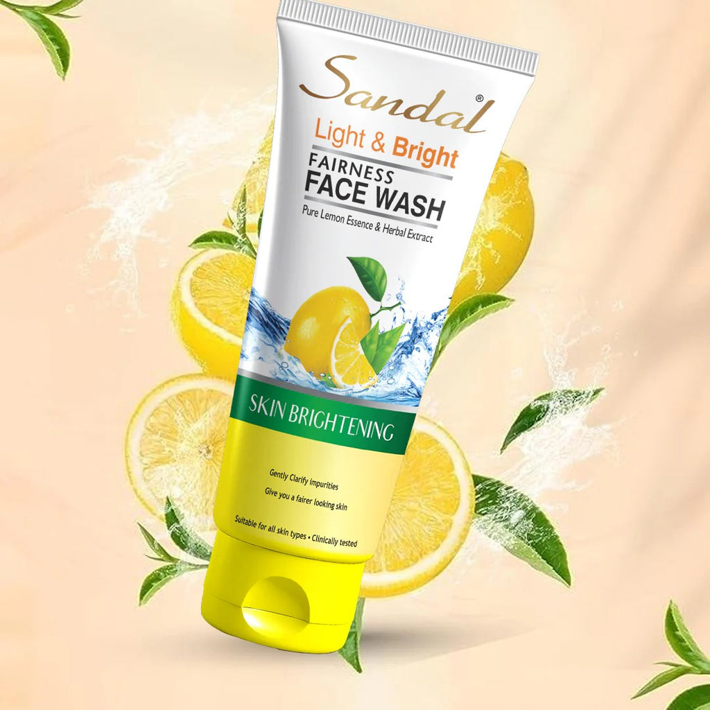 Sandal Light & Bright fairness face wash tube with lemons and green leaves on a beige background
