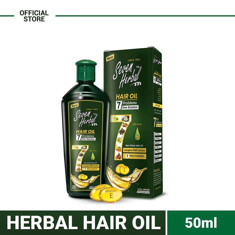 Seven Herbal hair oil bottle and packaging on a white background