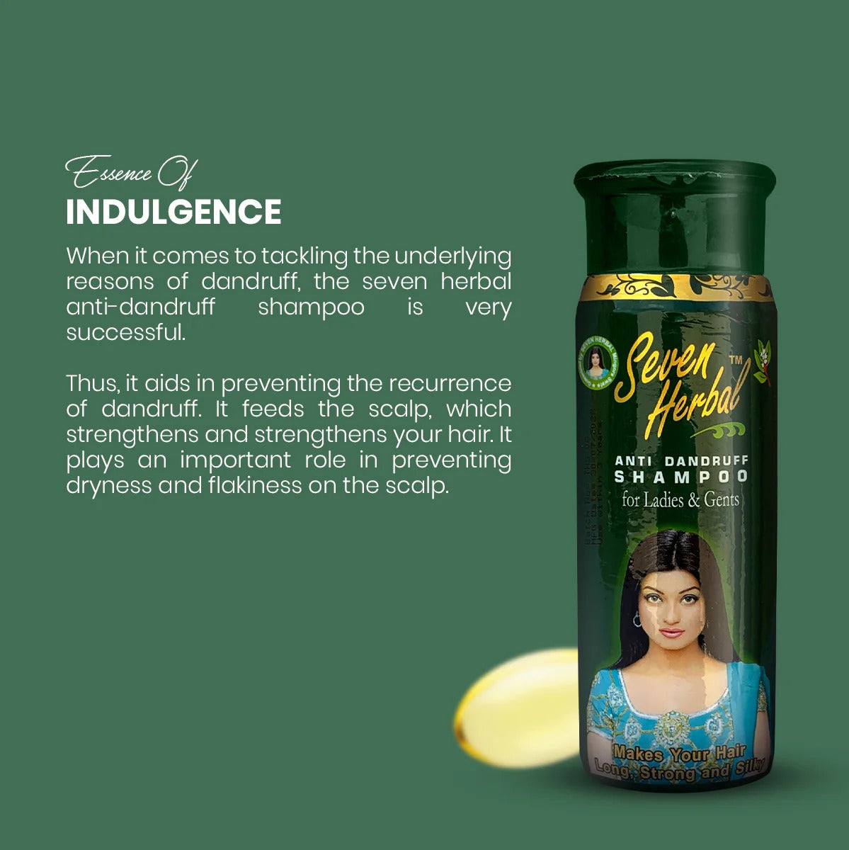 Seven Herbal anti-dandruff shampoo bottle with text on a green background