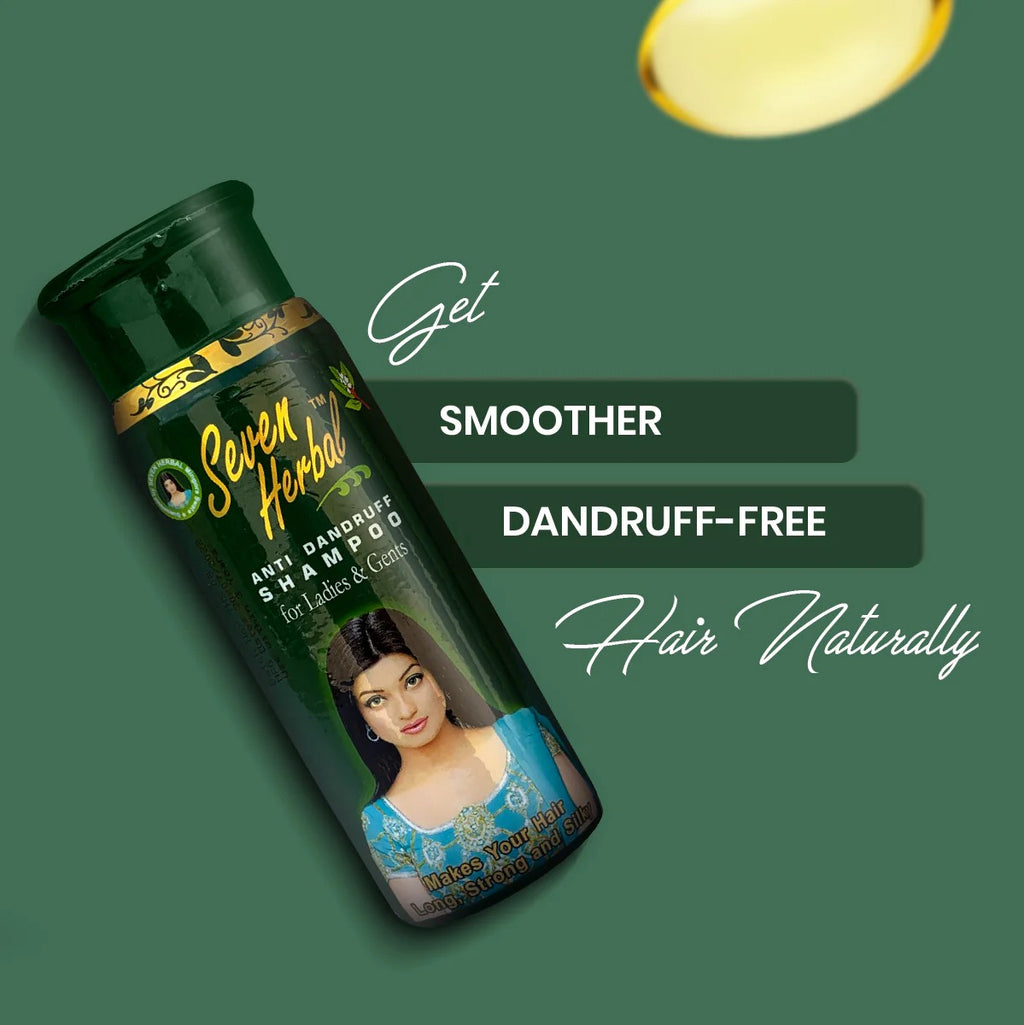 Seven Herbs anti-dandruff shampoo bottle with promotional text on a green background