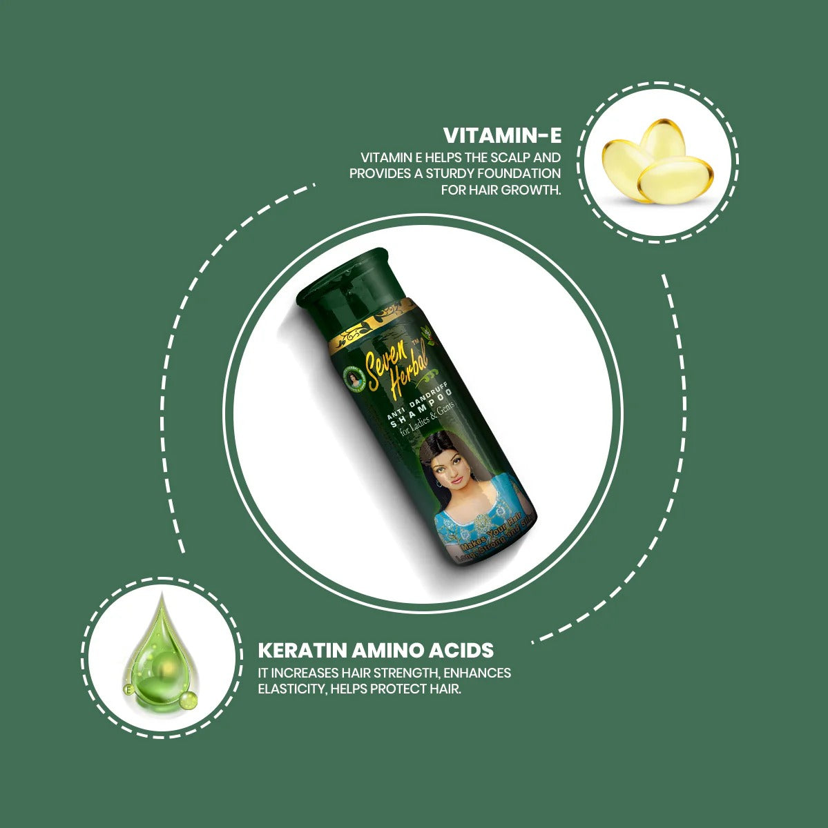 Seven Herbal Anti-Dandruff Herbal Shampoo (220ml) with vitamin E and keratin amino acids on a green background