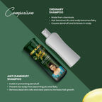 Comparison between ordinary shampoo and Seven Herbal Anti-Dandruff Herbal Shampoo (220ml) with product images and text on a green background.