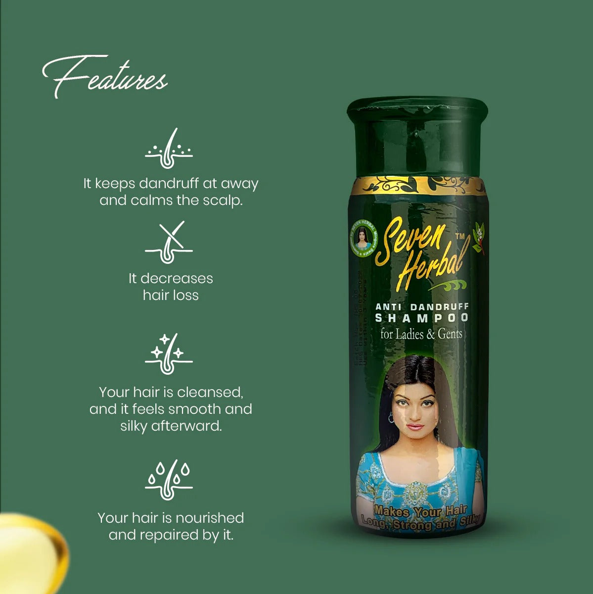 Seven Herbal anti-dandruff shampoo bottle with features listed on a green background