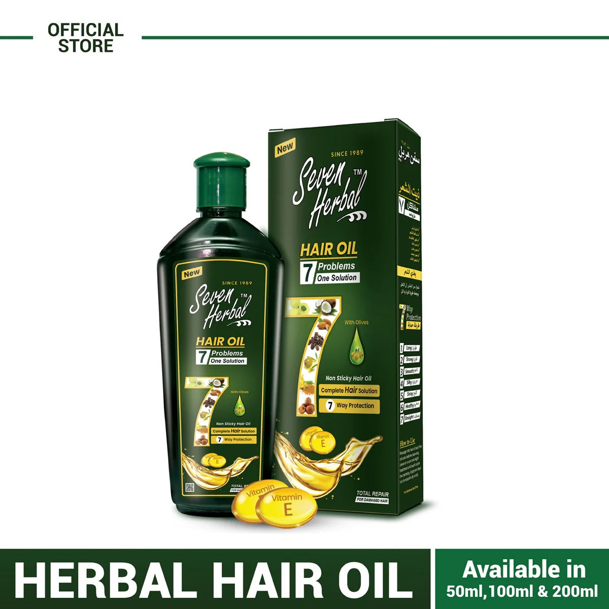 Seven Herbal hair oil bottle and packaging on a white background