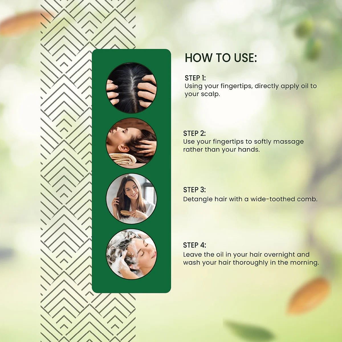 Instructions on how to use Seven Herbal Hair Oil with step-by-step guidance.