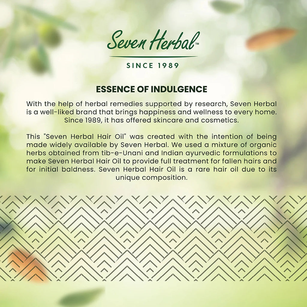 Seven Herbal advertisement with text about their products and history on a blurred natural background.