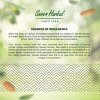Seven Herbal advertisement with text about their products and history on a blurred natural background.