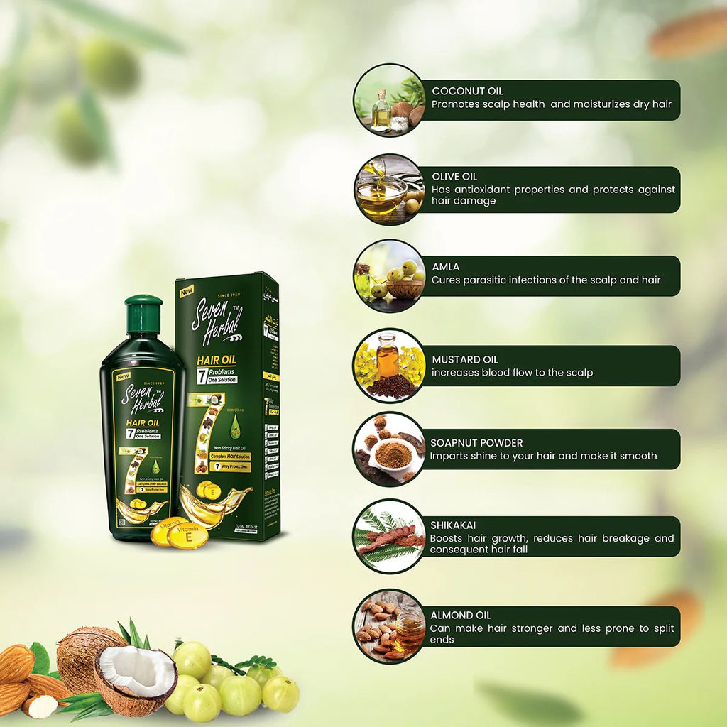 Seven Herbal Hair Oil bottle and packaging with ingredients listed on a green background