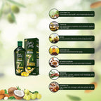 Seven Herbal Hair Oil bottle and packaging with ingredients listed on a green background
