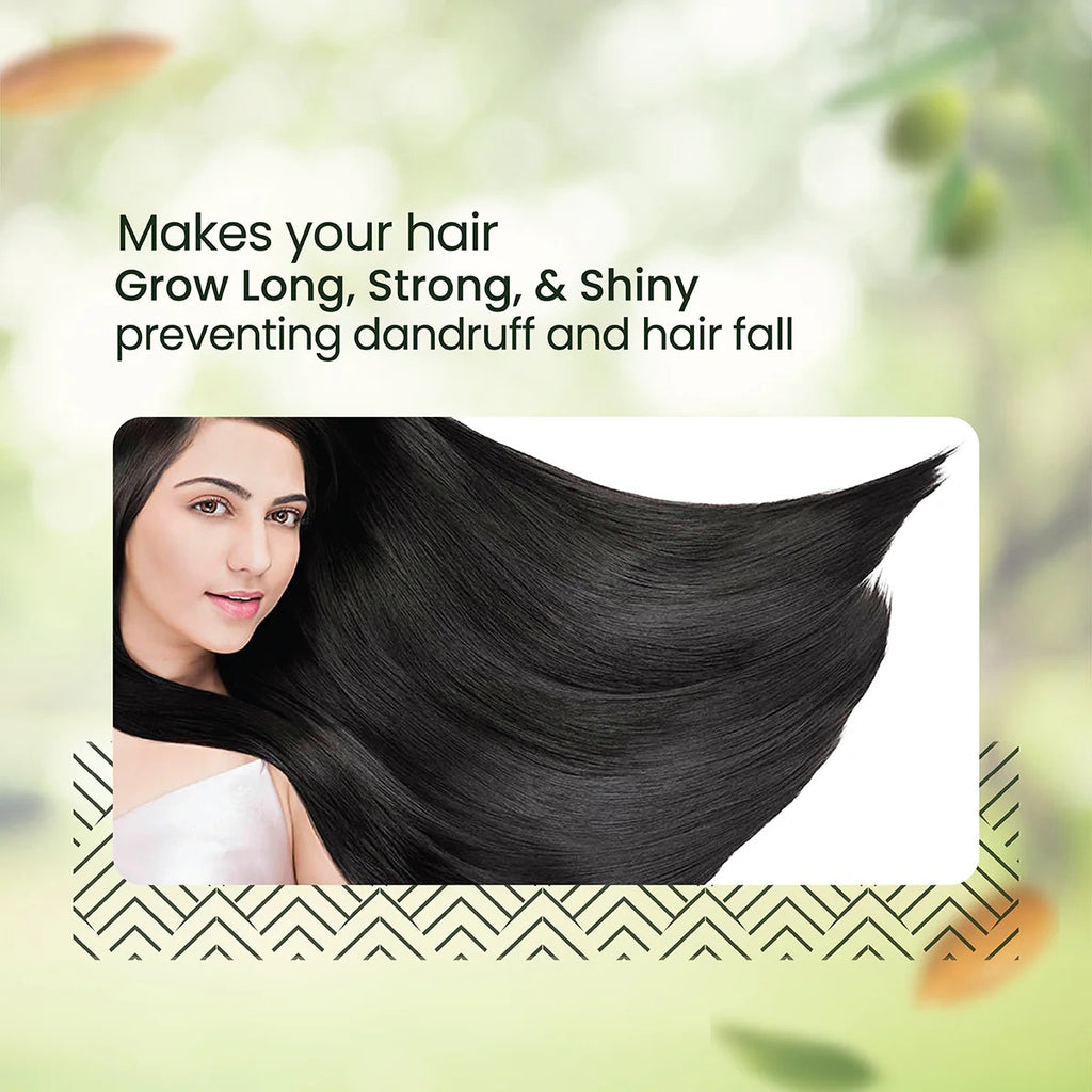 Woman with long, shiny hair against a natural background with text about Seven Herbal Hair Oil benefits.