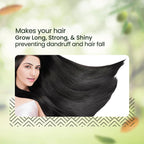 Woman with long, shiny hair against a natural background with text about Seven Herbal Hair Oil benefits.