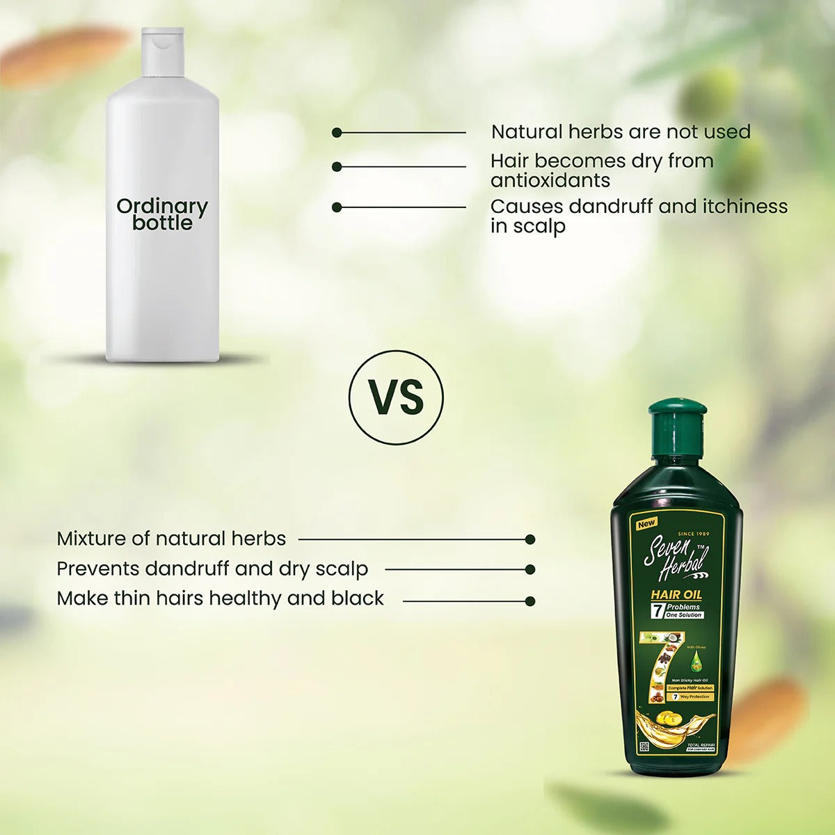 Comparison between an 'ordinary bottle' and a 'Seven Herbal Hair Oil'  bottle with text about natural herbs and hair care benefits.
