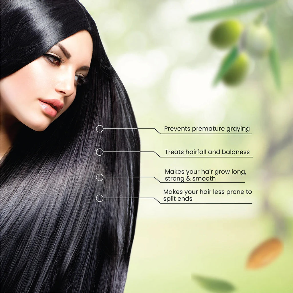 Woman with long, black hair against a blurred natural background with text highlighting hair care benefits.
