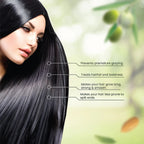 Woman with long, black hair against a blurred natural background with text highlighting hair care benefits.
