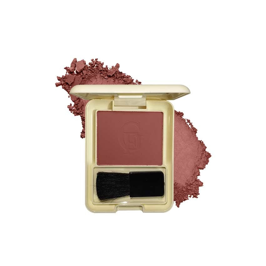 Makeup compact with blush color and a brush on a white background