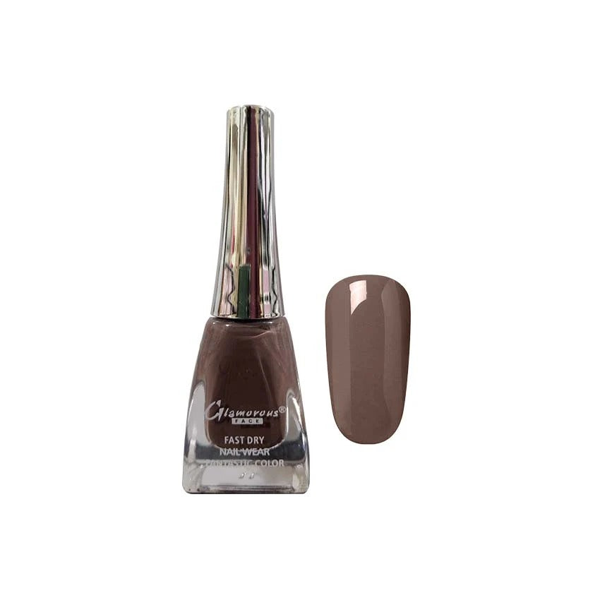 Nail polish bottle with a matching brown nail chip on a white background