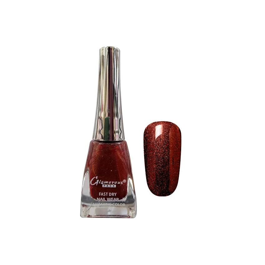 Nail polish bottle with a glittery red nail sample on a white background