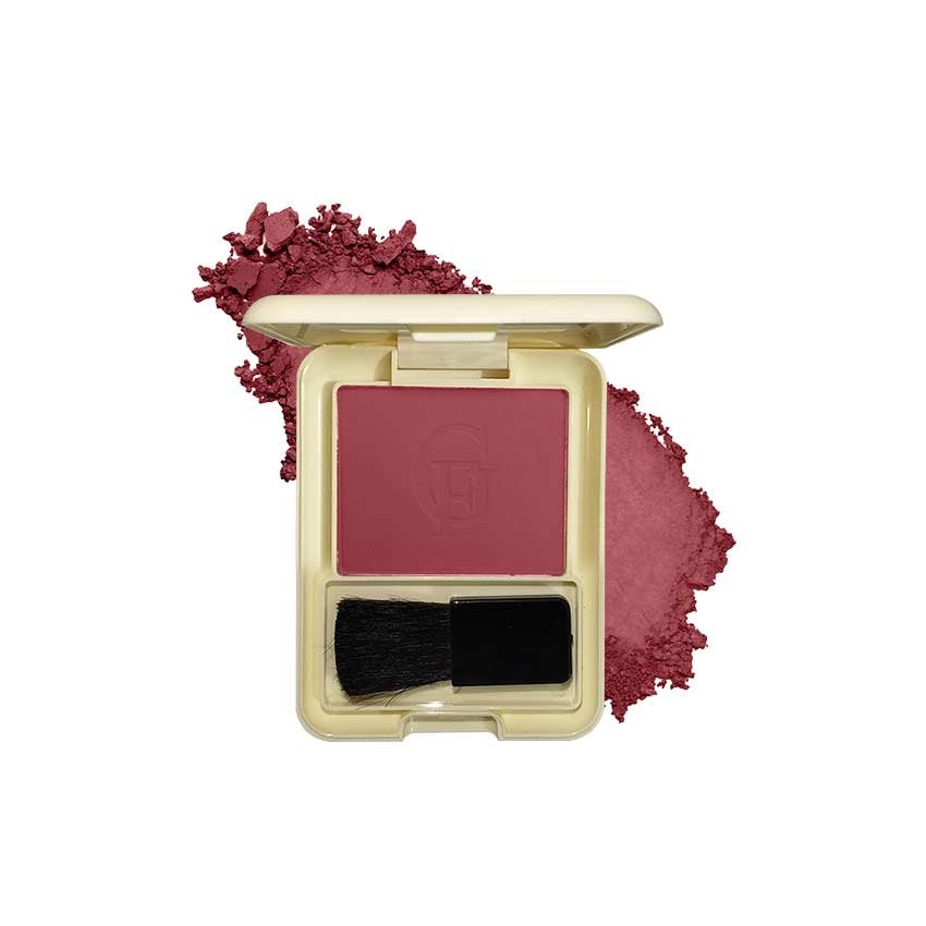 Makeup compact with blush color and brush on a white background