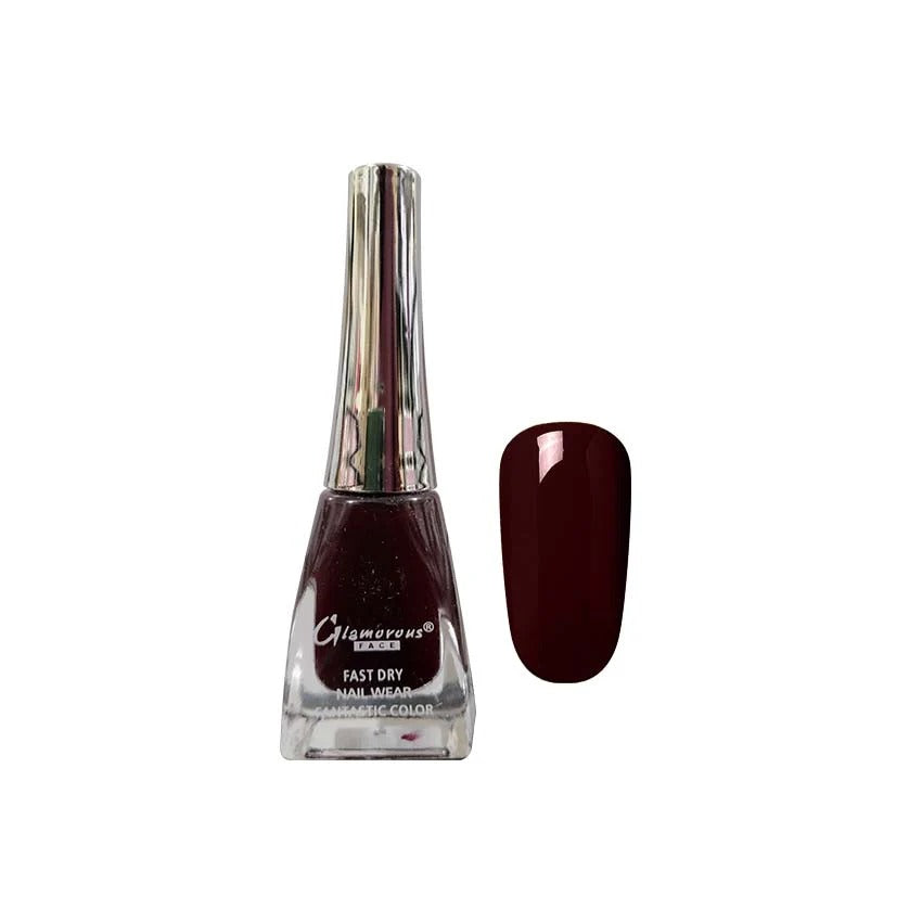 Nail polish bottle with a dark red nail color on a white background