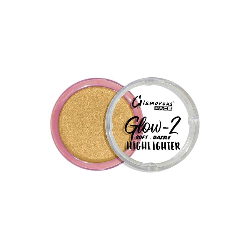 Glow-2 highlighter with gold shade in a pink container on a white background