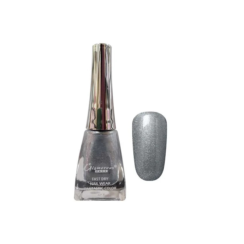 Silver nail polish bottle with a matching nail sample on a white background